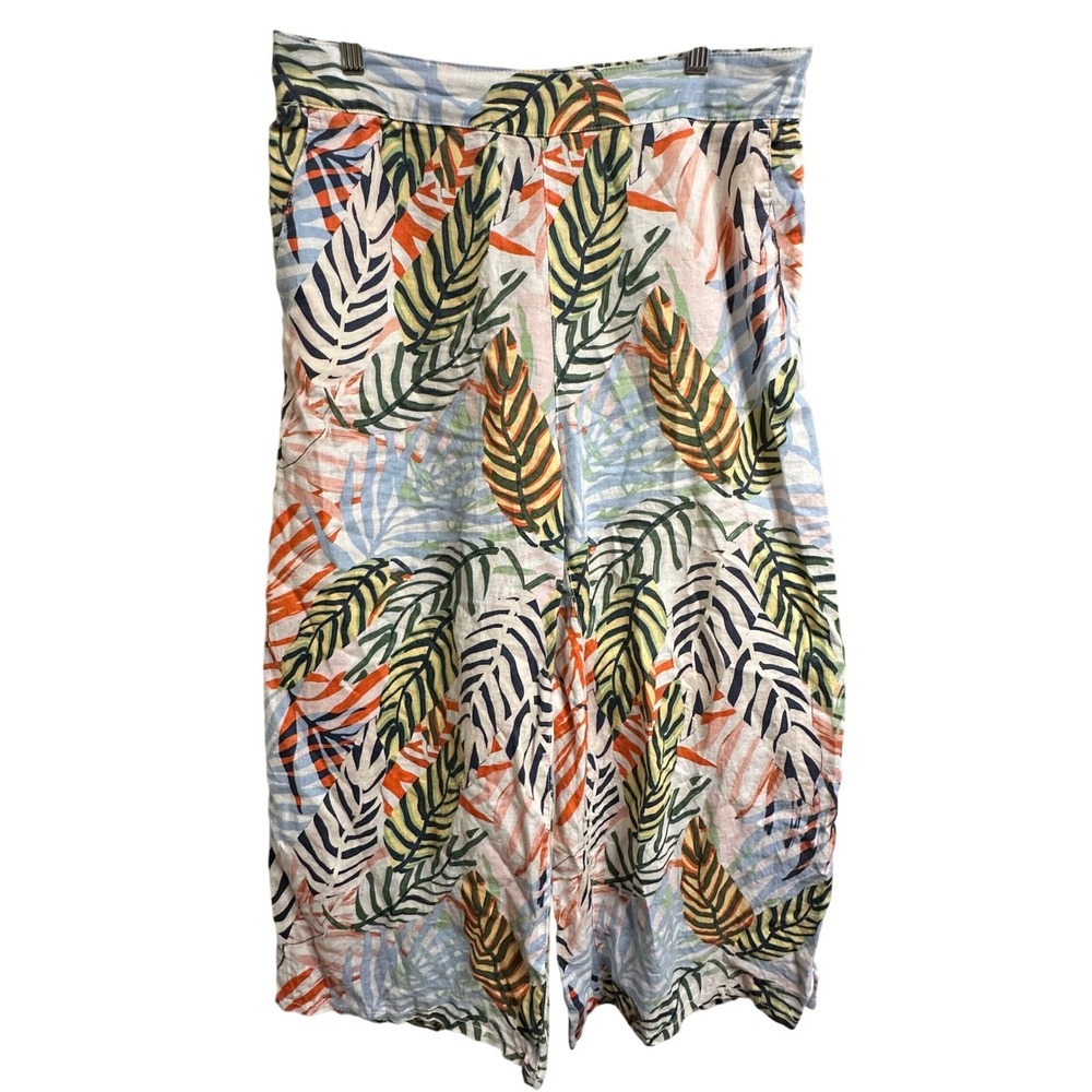 Tahari 100% Linen Resort Wide Leg Pants Womens Large Tropical Palm Leaf Vacation